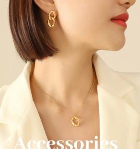Détail de l'ensemble collier et boucles d'oreilles géométriques dorés sur mannequin