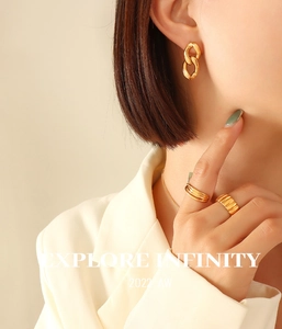 Détail d'un ensemble de bijoux dorés avec bagues texturées et boucles d'oreilles chic