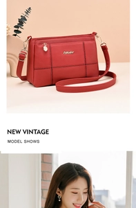 Close-up of red stitch crossbody bag with gold hardware and model shoulder display