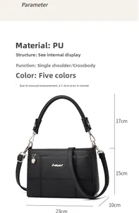 Detailed view of black PU leather shoulder bag with dimensions and stitch texture