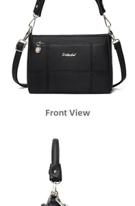 Front view of black stitched crossbody bag featuring gold metal logo and pebbled texture