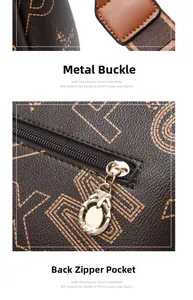 Details der gemusterten braunen Tasche mit goldenen Beschlägen und Reißverschluss