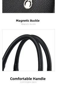 Dettaglio borsa in pelle nera con fibbia magnetica e manico confortevole imbottito