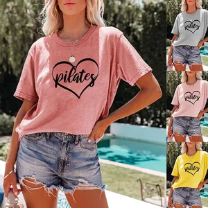 Women's Pilates Heart Print Casual Cotton T-Shirt Round Neck Short Sleeve Top For Yoga Fitness Daily Wear