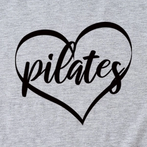 Grey Pilates heart print t-shirt featuring a minimalist black line art heart design