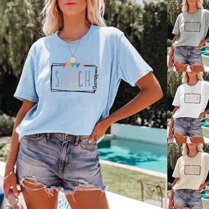 T-shirt Pour Femmes Speech Therapy Graphique Cœur Imprimé Col Rond Ample Manches Courtes Mélange Coton Décontracté Nœud Latéral