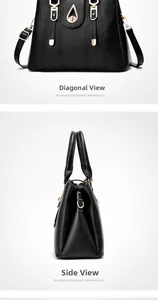 Detail view of black lychee leather handbag showing side profile and gold hardware