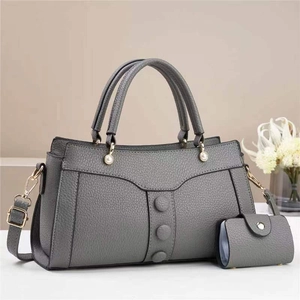 Chic grey litchi texture tote bag set with matching card holder and gold hardware