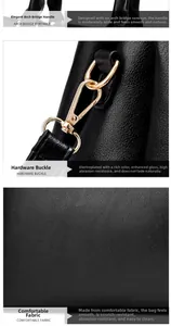 Detail of black leather handbag featuring lychee texture, golden hardware and bridge handle