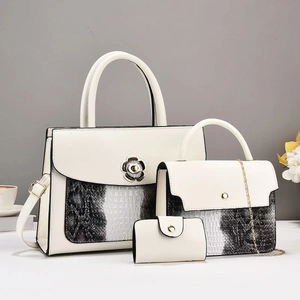 Chic 3-piece faux leather stone texture tote set with floral metal buckle and shoulder strap
