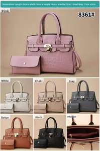 Detail view of crocodile pattern tote bag set with metal lock and dimensions for women