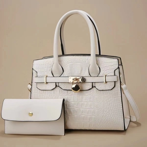 Crocodile Embossed Handbag And Wallet Duo Textured PU Leather Tote Bag With Detachable Shoulder Strap Vintage Stylish