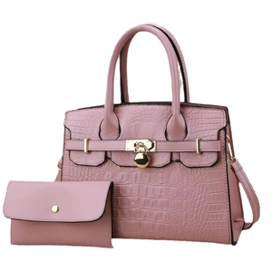 Pink crocodile pattern tote bag set with metal padlock and small envelope pouch