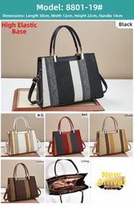 Detail view of large capacity striped handbags in multiple colors and interior specs