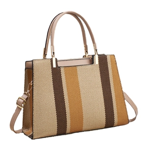 Fashion striped tote bag in ochre and cream with adjustable shoulder strap and gold hardware