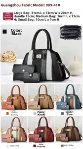 Detailed set of three-piece striped leather tote bag showing color options and size dimensions