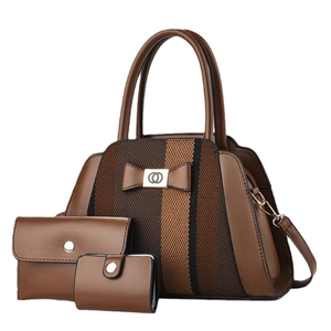 3-piece coffee brown tote bag set with striped PU leather and bow detail