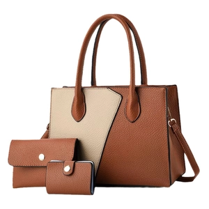 Three-piece beige and brown patchwork tote bag set in premium lychee grain leather