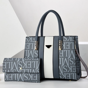 Gray-blue letter printed tote bag set with white stripe and matching wallet for women