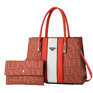Red and brown letter print tote bag set with matching long wallet and gold hardware
