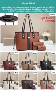 Close-up of three-piece tote bag set with textured leather and dimensions detail