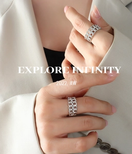 Detail of double-layered chain link ring in silver finish worn by a model