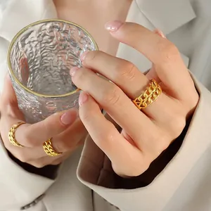 Adjustable 18k gold plated double-layer chain link ring for women on finger