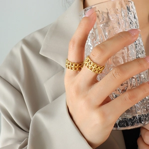 Double layer gold chain link ring set in 18k plated stainless steel for women