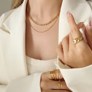 Collier double rang en acier inoxydable plaqué or 18k et ensemble de bagues empilables