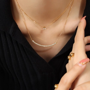 Double Layered Necklace Titanium Steel Zircon Smile Curved Bar Pendant Gold Plated Fashion Jewelry For Women