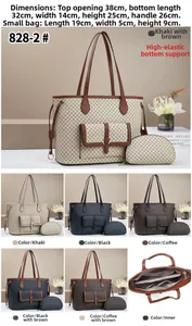 Detail view of large printed tote bag set with dimensions and interior compartment layout