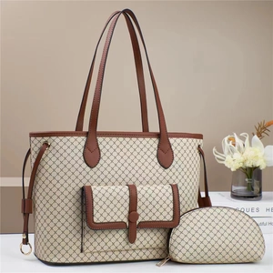 Women Fashion Geometric Print Tote Bag And Pouch Large Capacity PU Leather Shoulder Handbag