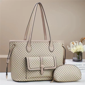 Two-piece beige diamond-quilted tote bag set with matching small pouch and handle