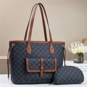 Ensemble de sacs cabas monogramme tendance avec motif gris et bordure en cuir marron