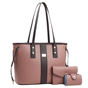 3-in-1 women's fashion handbag set in pink and brown lychee textured faux leather
