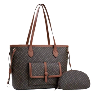 Retro brown geometric tote bag set with matching coin purse and stylish top handle