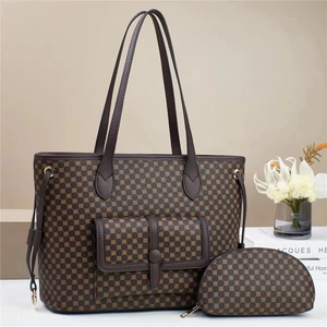 Brown monogram tote bag set with matching coin purse and leather handles for women