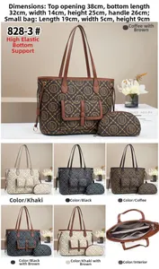 Detailed view of the 3-piece tote set including handbag and envelope pouch with logo print