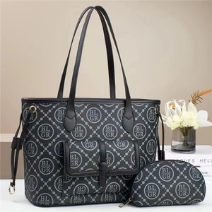Three-piece printed tote bag set with monogram logo pattern and matching clutch bag