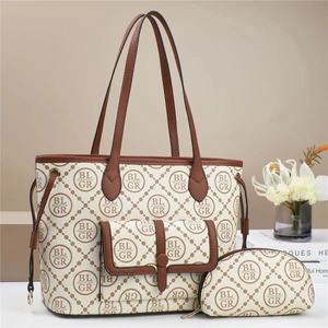 Three-piece beige tote bag set with brown trim and BL GR fashion print branding