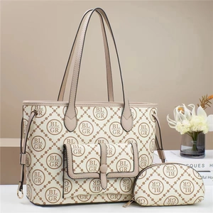 Women Monogram Print Handbag Tote Pouch And Wallet PU Leather Large Capacity Fashion Vintage Shoulder Bag