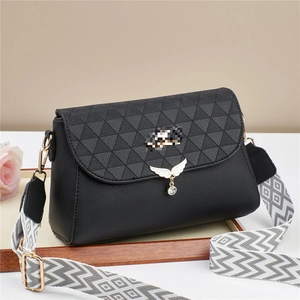 Sac Bandoulière Femme Cuir PU Gaufrage Géométrique Aile Métal Pendentif Strass Large Bandoulière Motif Élégant