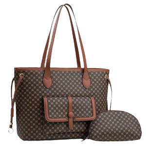 Retro geometric pattern tote bag set with matching small coin purse and brown leather straps