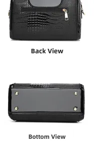 Detail view of black crocodile pattern bag showing back zipper and golden base studs