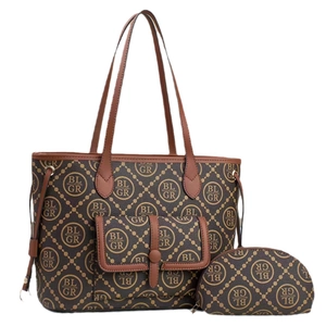 Brown monogram printed tote bag set with matching pouch and large capacity design