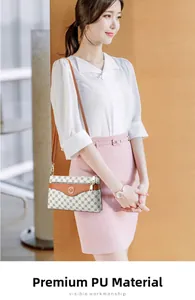Detail of premium PU leather tote with geometric prints and gold K-logo metal buckle