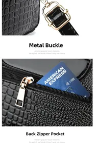 Detail of crocodile pattern handbag showing golden metal clasp and rear zipper pocket