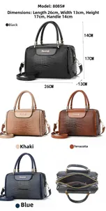 Detail of crocodile pattern boston bag with dimensions 26cm x 13cm x 17cm in four colors