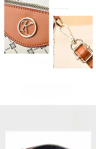 Detail view of printed vintage tote bag with metal K logo, shoulder strap and magnetic closure