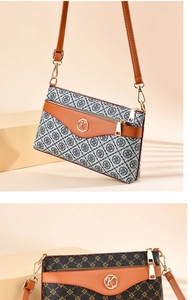 Detail of printed crossbody bags with golden K logo and adjustable leather straps